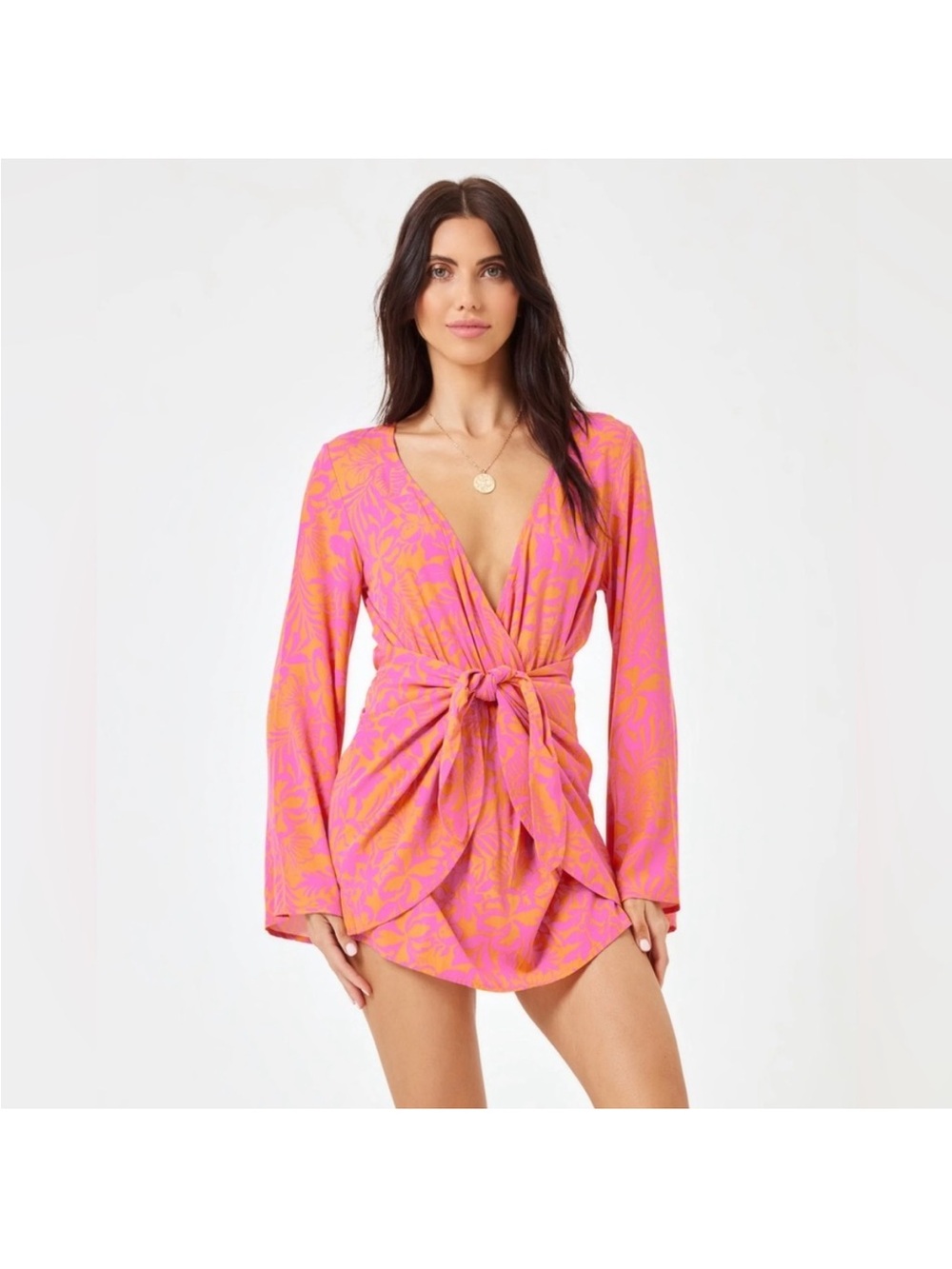 l*space Pink & Orange Floral Tie-Front Wrap Coverup NWOT